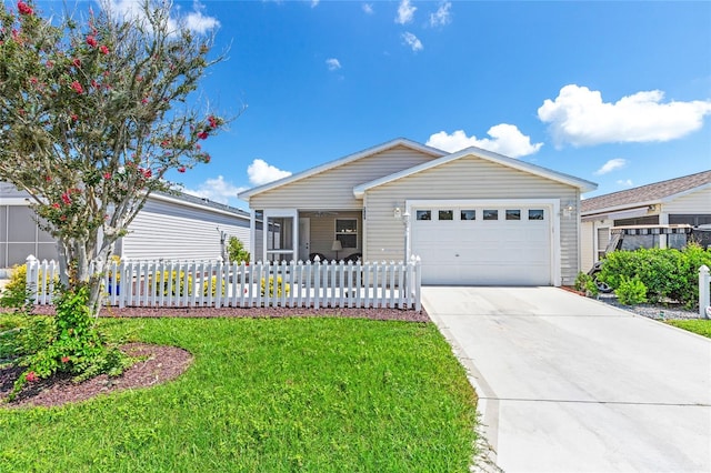 ranch-style house with a garage and a front lawn