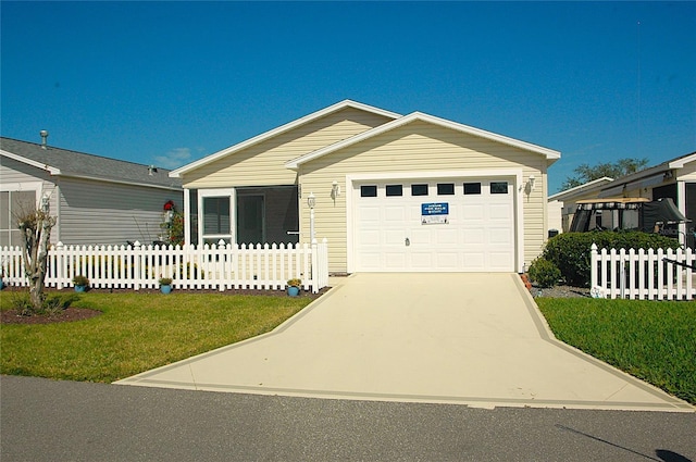 ranch-style home with a garage and a front yard