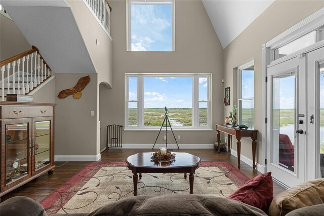 living room with high vaulted ceiling and dark hardwood / wood-style floors