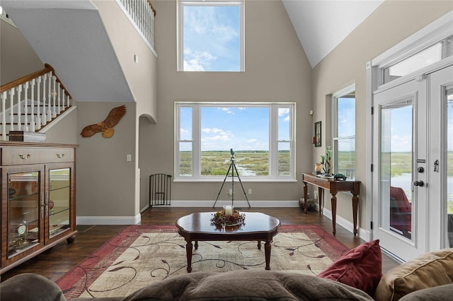 living room featuring french doors, dark hardwood / wood-style floors, and high vaulted ceiling