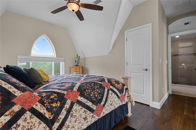 bedroom with dark hardwood / wood-style flooring, vaulted ceiling, and ceiling fan