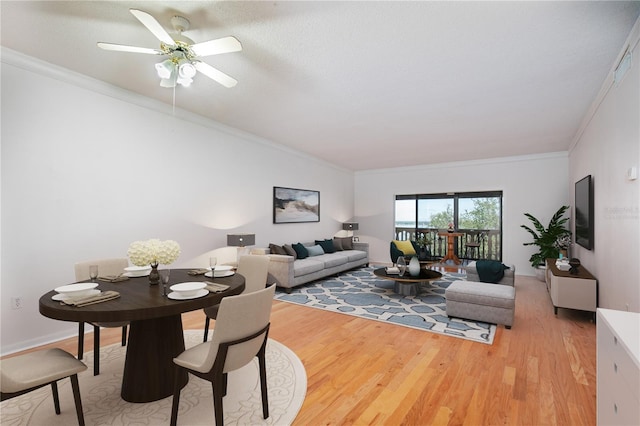 living room with crown molding, ceiling fan, and light hardwood / wood-style floors