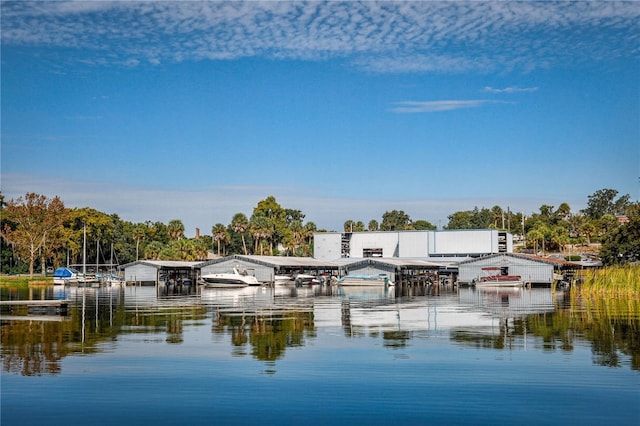 view of water feature with a dock