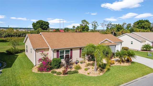 single story home with a front lawn