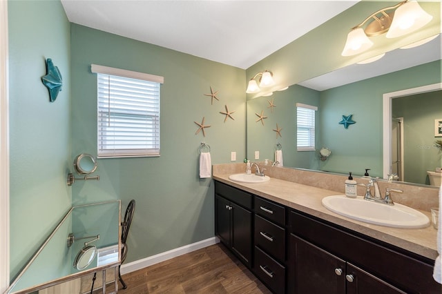 bathroom featuring hardwood / wood-style flooring, vanity, and a wealth of natural light