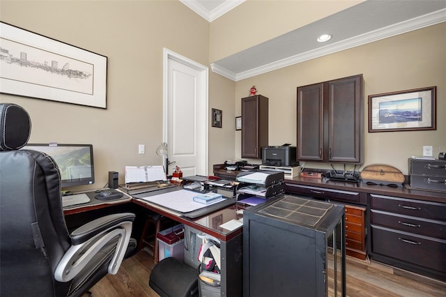 office featuring ornamental molding and light wood-type flooring