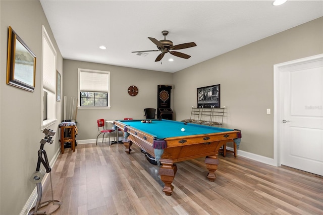 recreation room featuring pool table, ceiling fan, and light hardwood / wood-style flooring