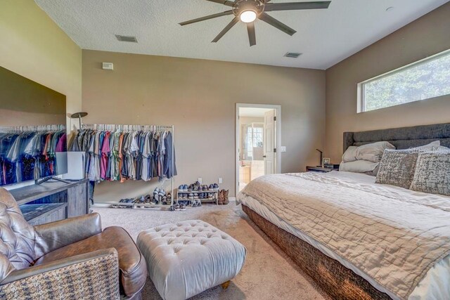 bedroom with ceiling fan, carpet floors, multiple windows, and ensuite bath