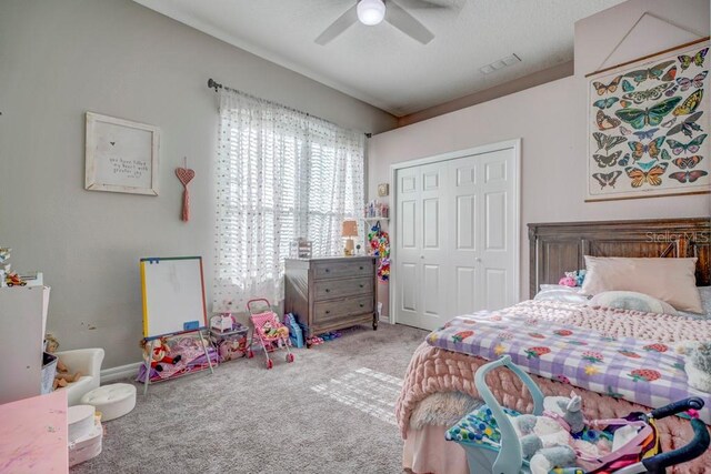 32313 Oak Canopy Dr, Sorrento, FL 32776 - bedroom with visible vents, a ceiling fan, a closet, carpet, and baseboards