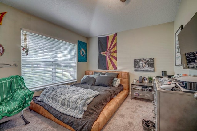 carpeted bedroom with a textured ceiling