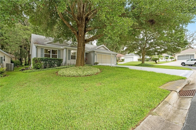 single story home featuring a garage, central air condition unit, concrete driveway, and a front lawn