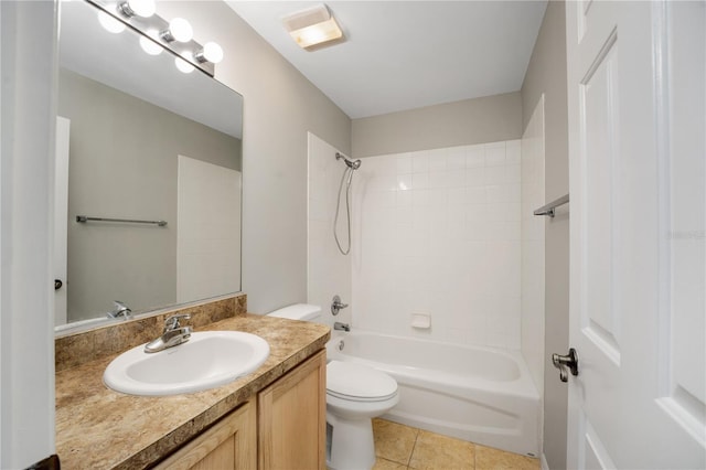 full bath with visible vents, tile patterned flooring, vanity, toilet, and  shower combination
