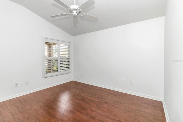 unfurnished room with ceiling fan, lofted ceiling, and hardwood / wood-style flooring