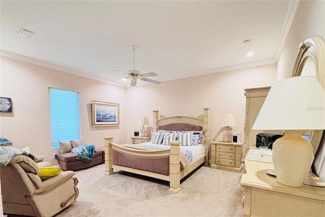 bedroom with light carpet, ceiling fan, and ornamental molding