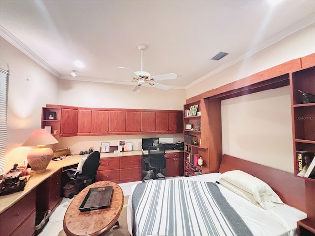 bedroom featuring crown molding, built in desk, and ceiling fan