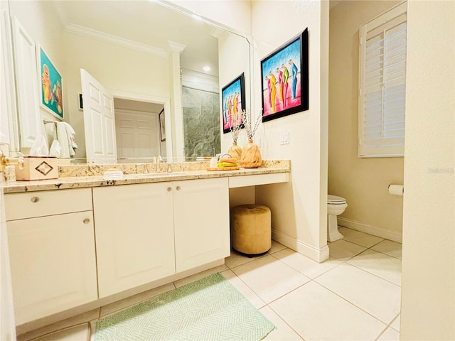 bathroom with tile patterned flooring, a shower with door, vanity, toilet, and ornamental molding