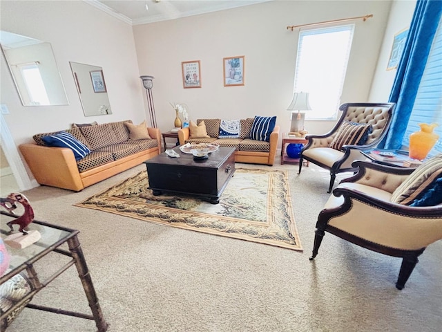 living room featuring carpet and ornamental molding