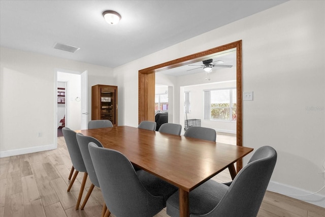 dining room with ceiling fan and light wood-type flooring