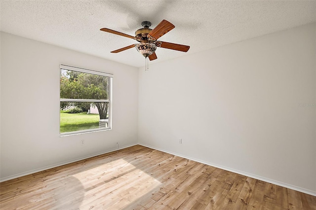 empty room featuring ceiling fan, light wood-type flooring, and a textured ceiling