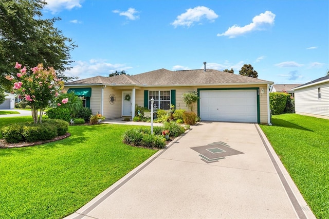 ranch-style house with a garage and a front lawn