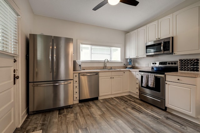 kitchen featuring ceiling fan, sink, dark wood-type flooring, stainless steel appliances, and white cabinets