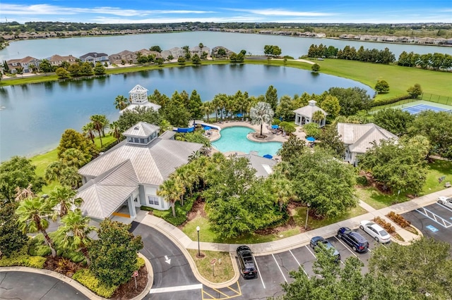 drone / aerial view featuring a water view