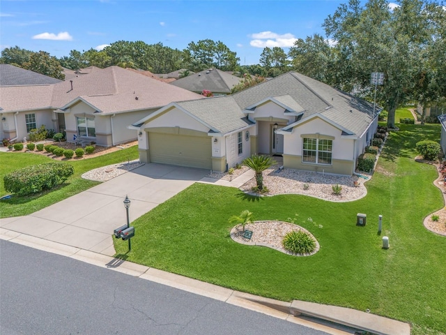 single story home featuring a front yard and a garage