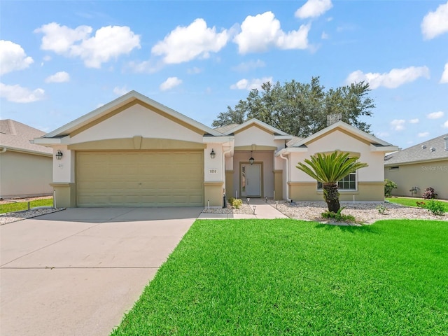 ranch-style house featuring a garage and a front yard