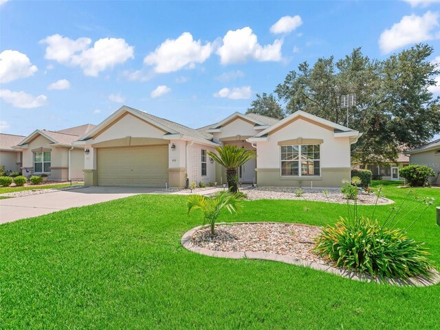 ranch-style house with a garage and a front lawn