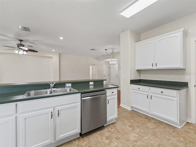 kitchen featuring dishwasher, white cabinetry, sink, and ceiling fan with notable chandelier