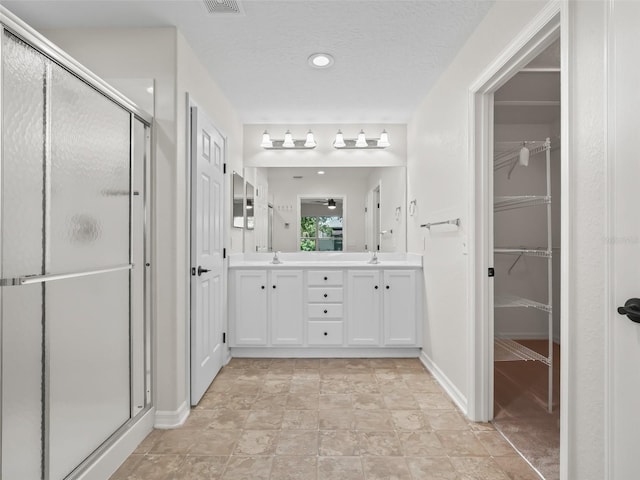 bathroom featuring vanity and a shower with shower door