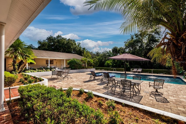 view of swimming pool featuring a patio and pool water feature