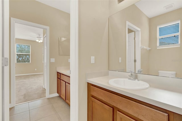 bathroom with tile patterned flooring, ceiling fan, toilet, and vanity