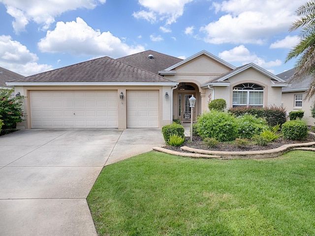 ranch-style house with a front yard and a garage