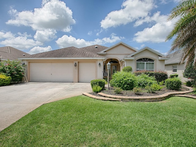 single story home featuring a front yard and a garage