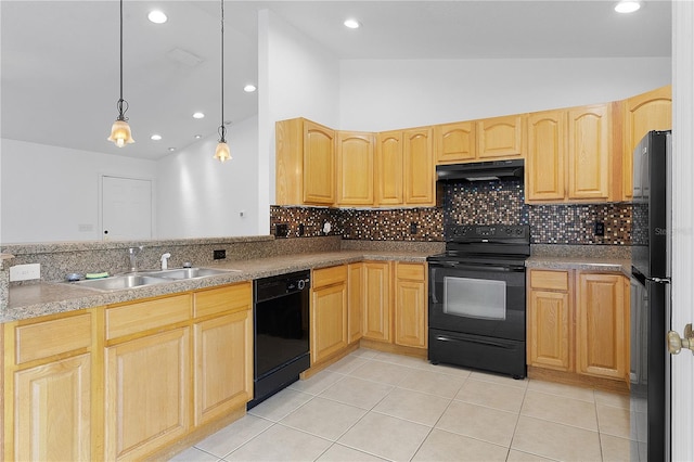 kitchen with hanging light fixtures, light brown cabinetry, black appliances, and lofted ceiling