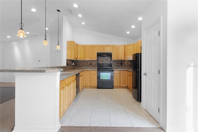 kitchen with kitchen peninsula, black appliances, light tile patterned floors, decorative backsplash, and pendant lighting