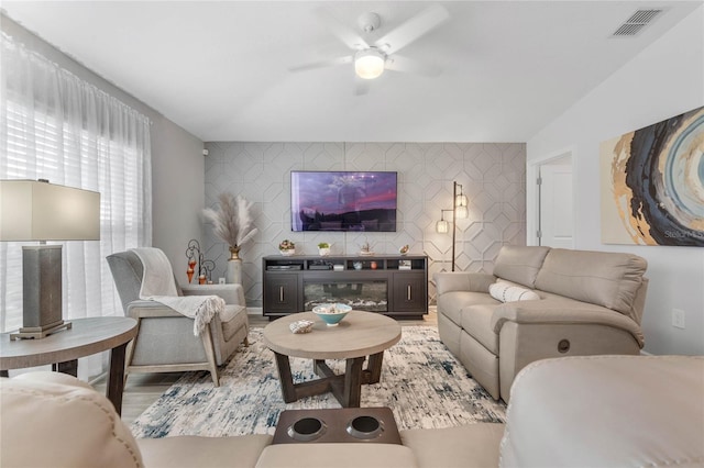 living room featuring ceiling fan