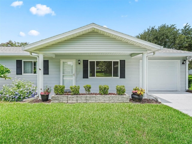 single story home with a front yard and a garage