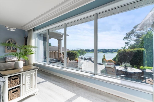 interior space featuring a water view and a healthy amount of sunlight