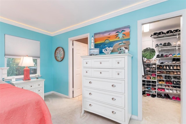 carpeted bedroom featuring crown molding