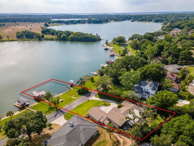 drone / aerial view featuring a water view