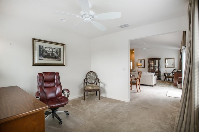 office area with ceiling fan and light carpet