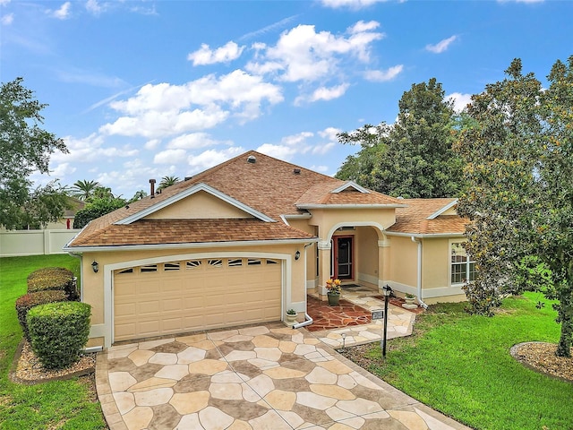 mediterranean / spanish-style house featuring a garage and a front lawn