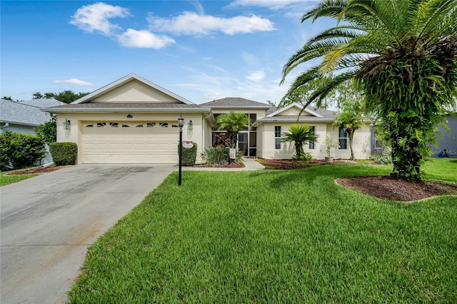 ranch-style home with a front yard and a garage