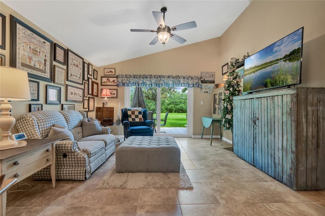 sitting room featuring lofted ceiling and ceiling fan