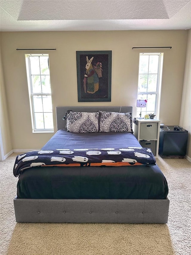 bedroom with a textured ceiling, multiple windows, and carpet floors