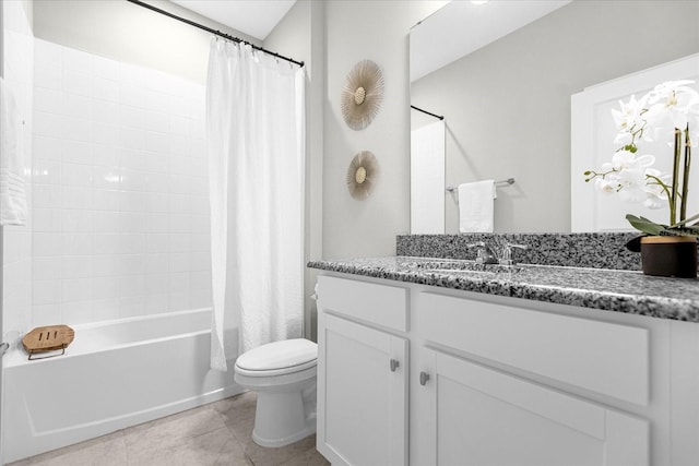 full bathroom with toilet, vanity, tile patterned flooring, and shower / bathtub combination with curtain