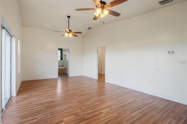 unfurnished room featuring high vaulted ceiling, ceiling fan, and light wood-type flooring