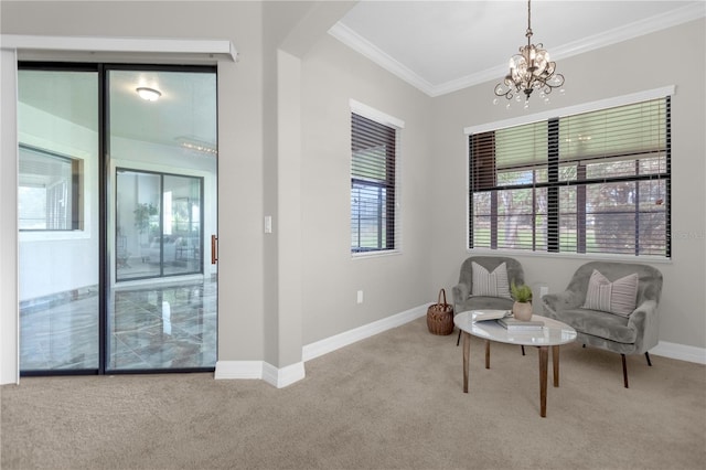 living area with ornamental molding, light carpet, and a chandelier